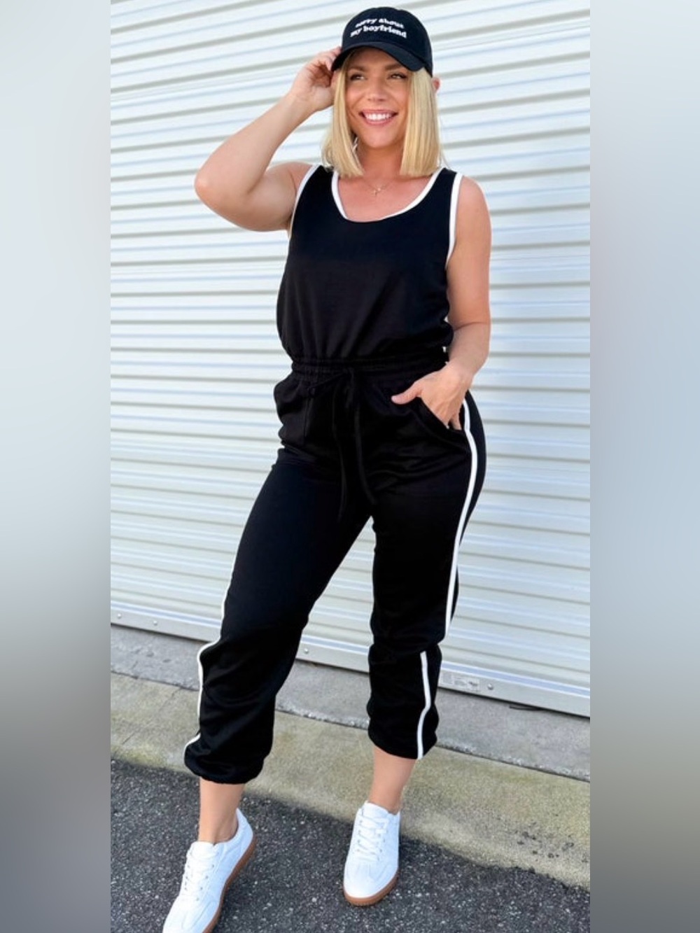 white birch Black Sleeveless Drawstring Jumpsuit with White Trim
